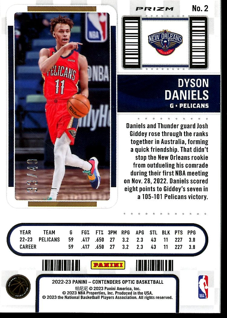 2022-23 Panini Contenders Optic Dyson Daniels Rookie Ticket Orange /49 Pelicans