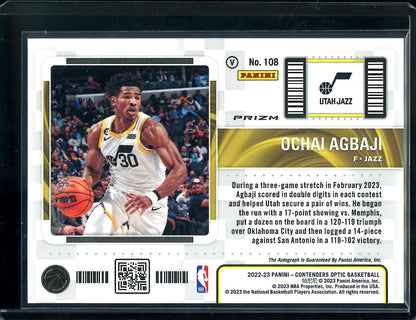 2022-23 Panini Contenders Optic Ochai Agbaji Rookie Ticket Variation Auto Red /99 Jazz