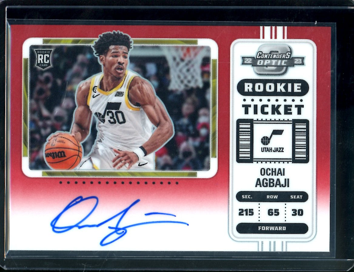 2022-23 Panini Contenders Optic Ochai Agbaji Rookie Ticket Variation Auto Red /99 Jazz