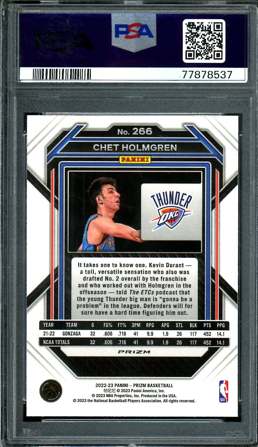 2022-23 Panini Prizm Chet Holmgren Rookie Red Ice PSA 10 Thunder