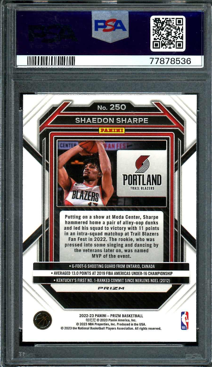 2022-23 Panini Prizm Shaedon Sharpe Rookie Red Ice PSA 10 Trail Blazers
