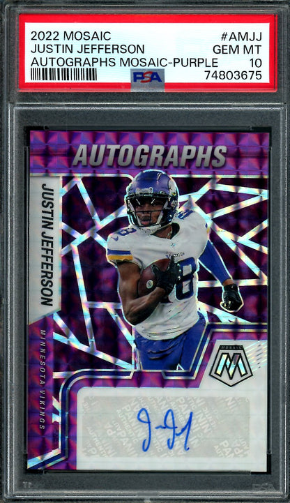 2022 Panini Mosaic Justin Jefferson Auto Purple /49 PSA 10 Vikings