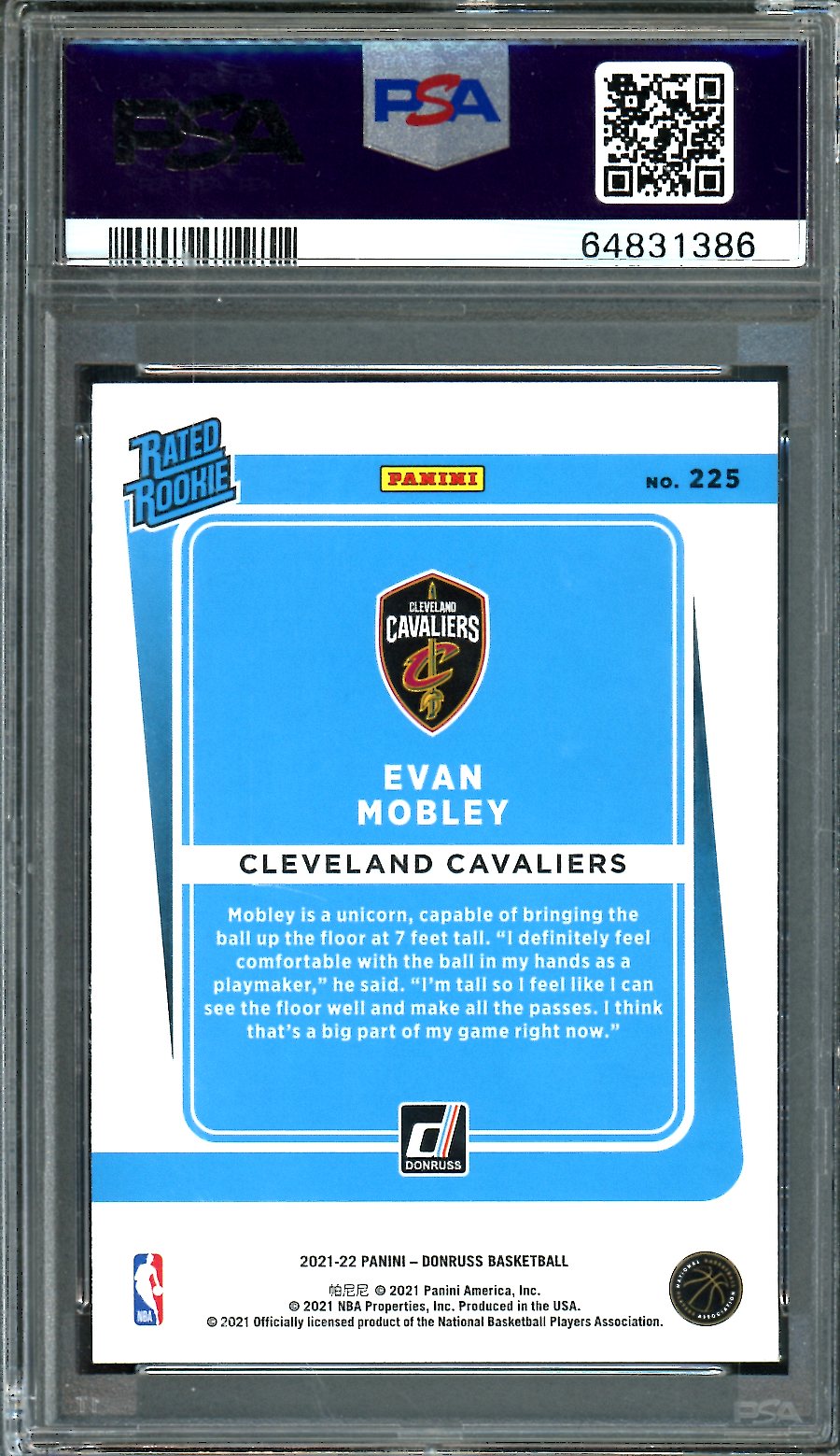 2021-22 Panini Donruss Evan Mobley Rookie Orange Laser PSA 10 Cavaliers