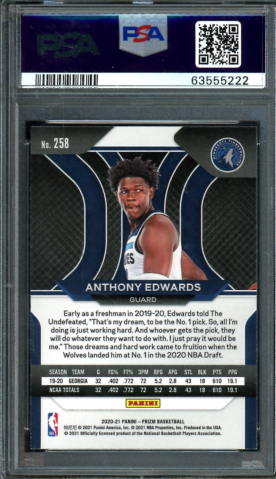 2020-21 Panini Prizm Anthony Edwards Rookie PSA 10 Timberwolves