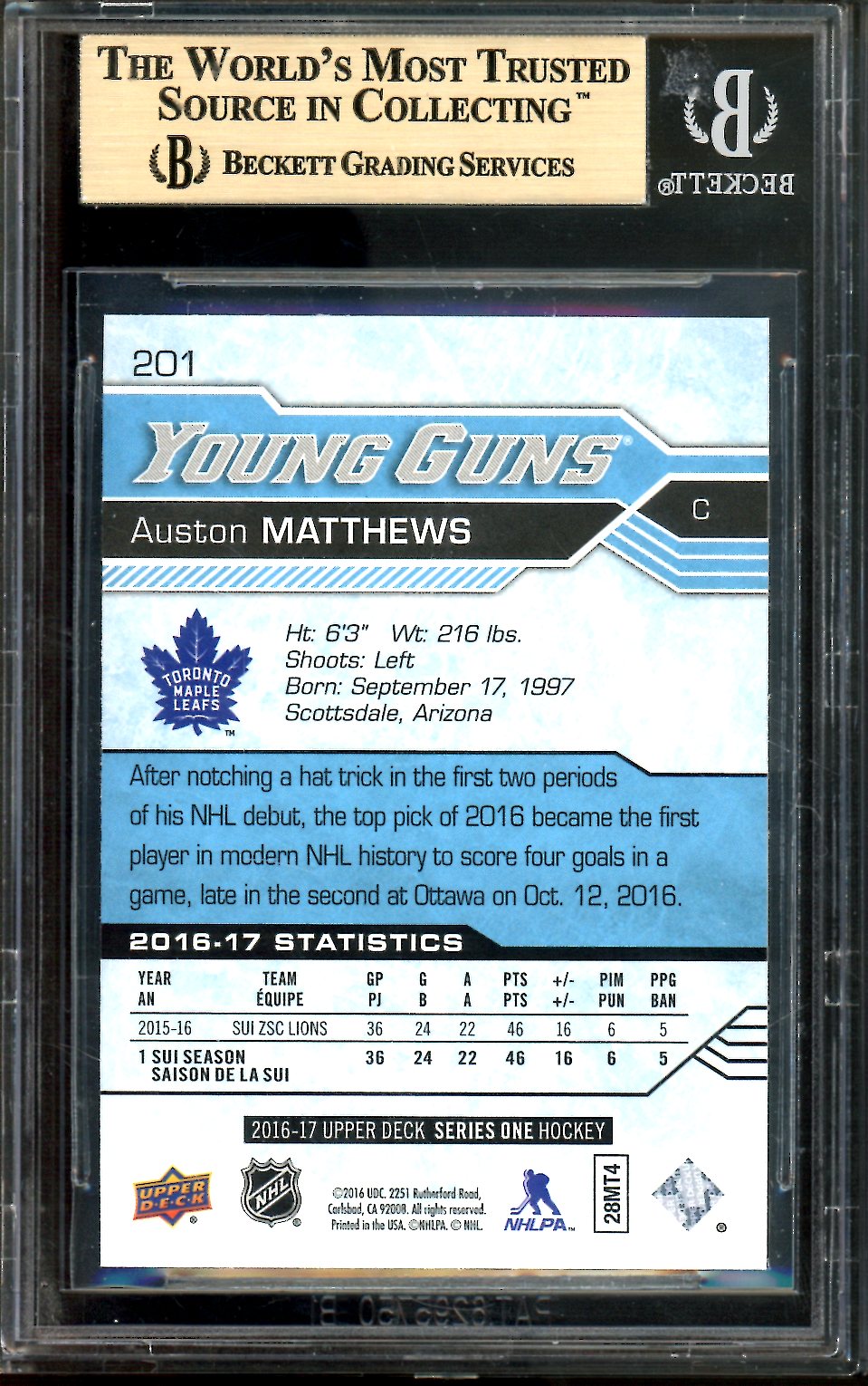 2016/17 Upper Deck Upper Deck Auston Matthews Rookie Young Guns BGS 9.5 Maple Leafs