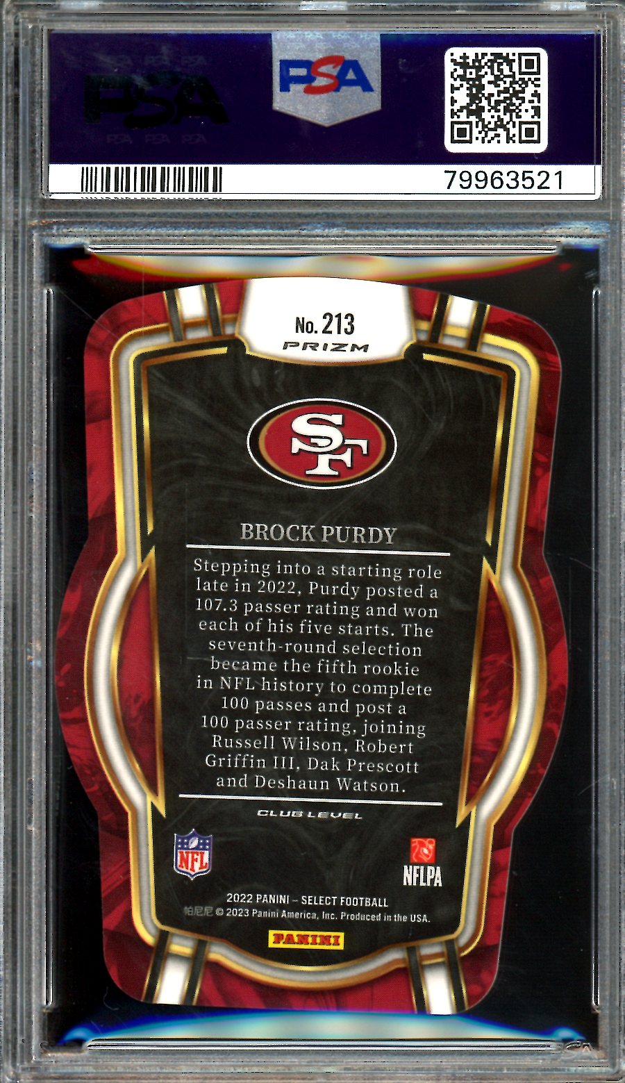 2022 Panini Select Brock Purdy Rookie Silver Die-Cut PSA 10 49ers