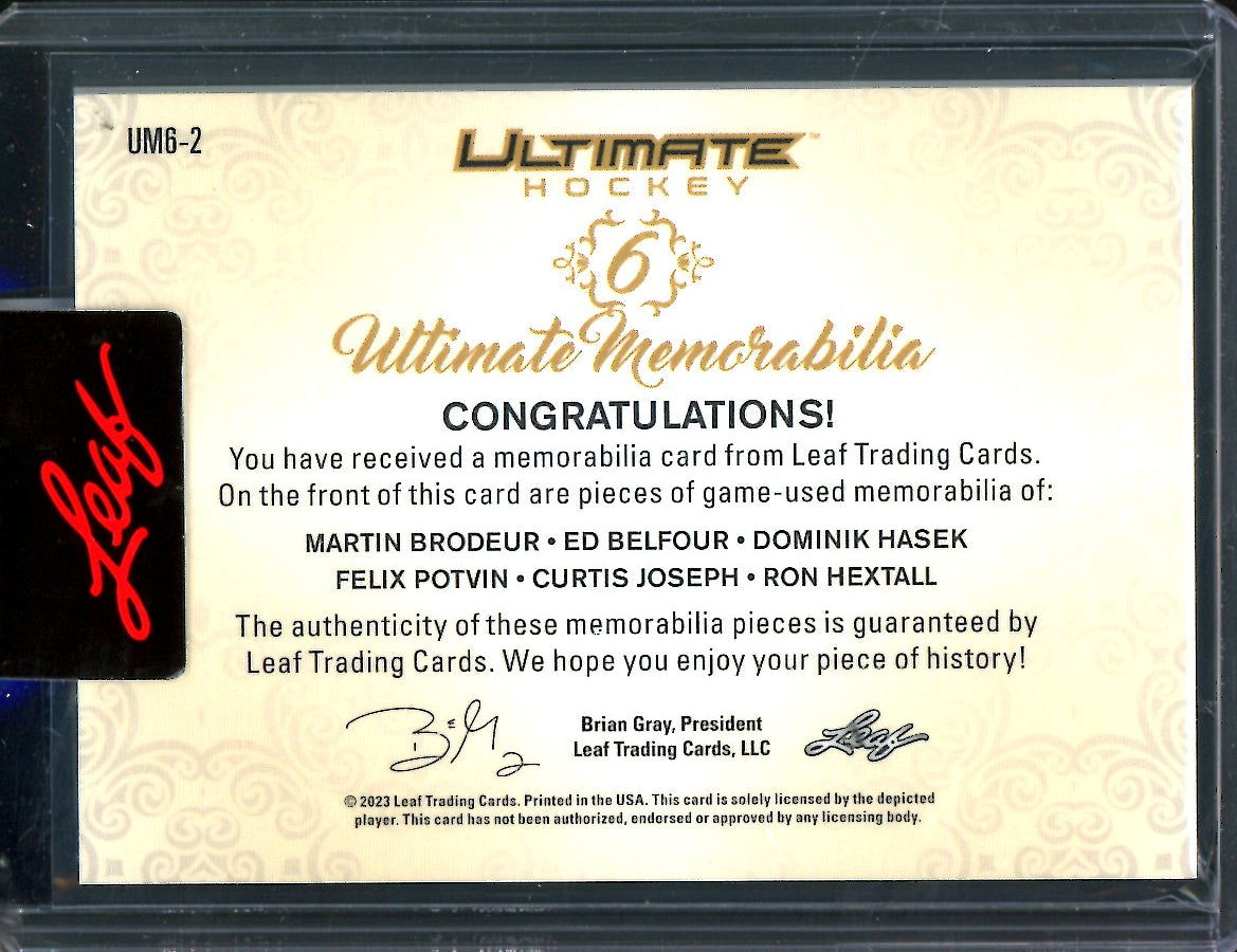 2023 Leaf Ultimate Hockey Martin Brodeur/Ed Belfour/Dominik Hasek/Felix Potvin/Curtis Joseph/Ron Hextall Ultimate Memorabilia /25