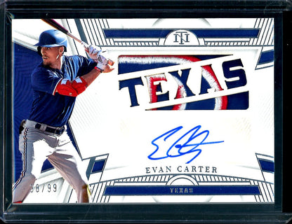 2023 Panini National Treasures Evan Carter "Texas" Patch Auto /99 Rangers