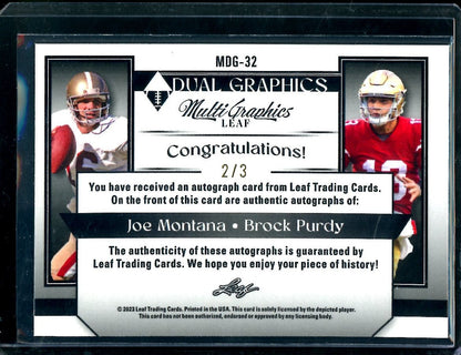 2023 Leaf MultiGraphics Joe Montana/Brock Purdy Dual Auto /3 49ers - Trading Card Market
