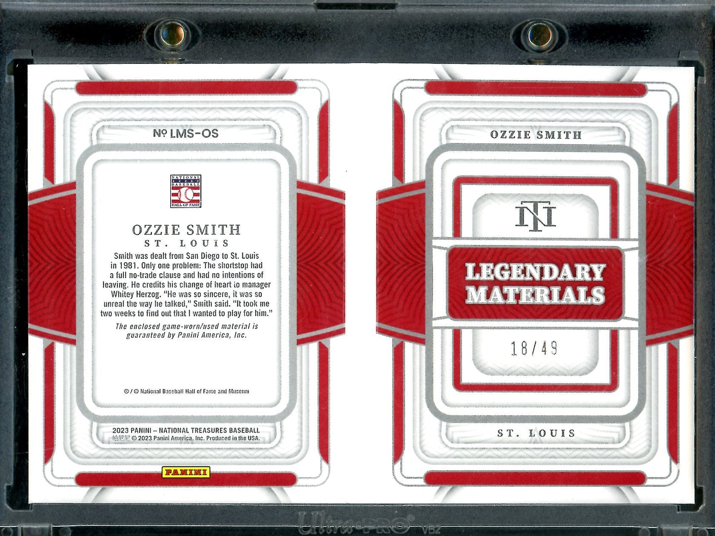 2023 Panini National Treasures Ozzie Smith Legendary Materials Booklet /49 Cardinals - Trading Card Market
