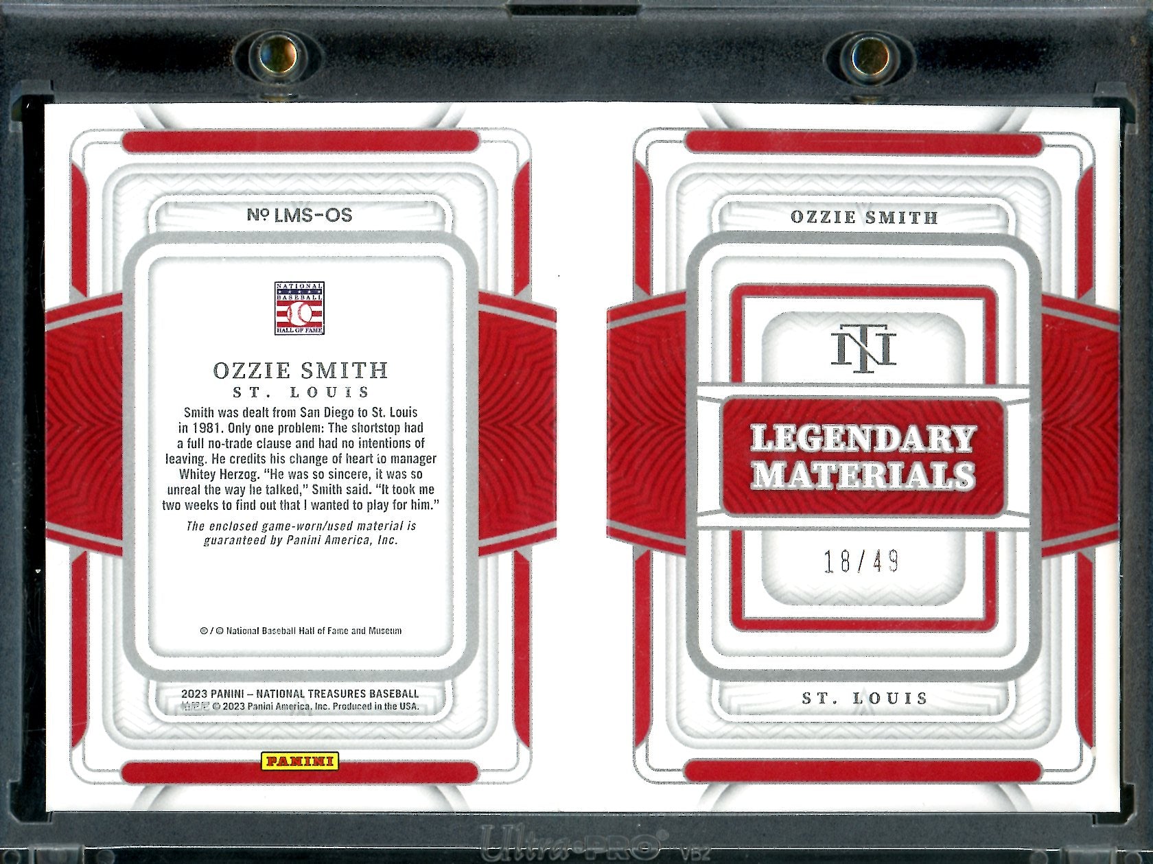 2023 Panini National Treasures Ozzie Smith Legendary Materials Booklet /49 Cardinals - Trading Card Market
