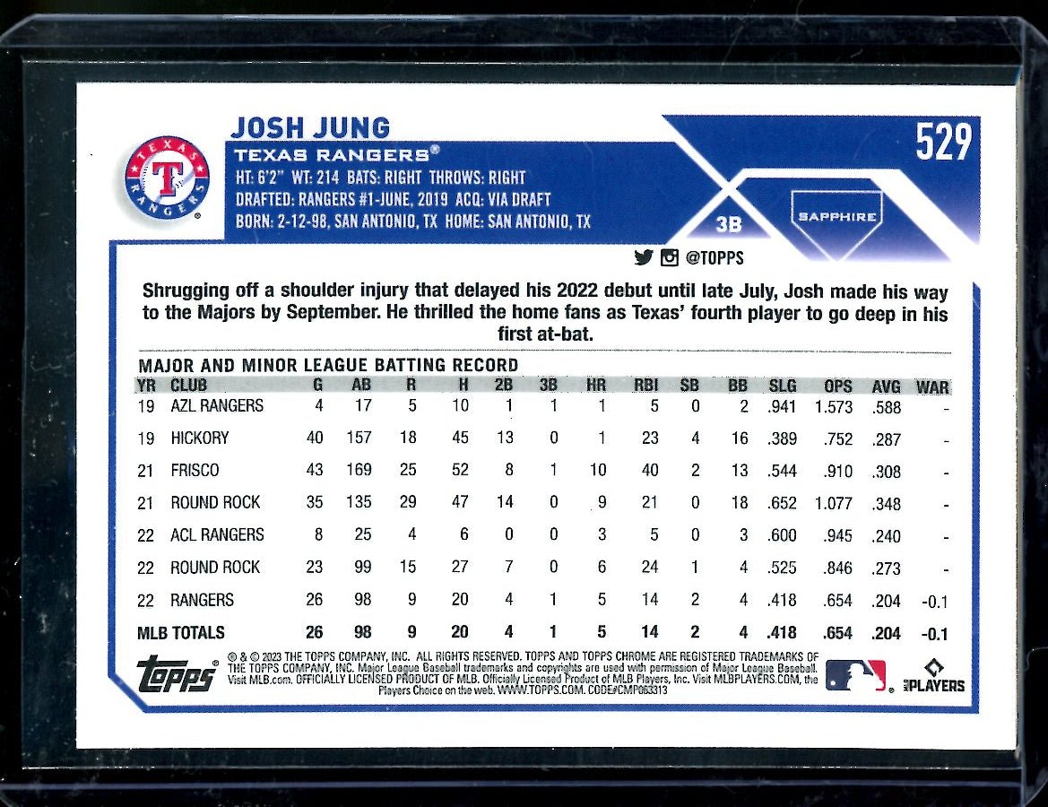 2023 Topps Chrome Sapphire Josh Jung Rookie Rangers - Trading Card Market