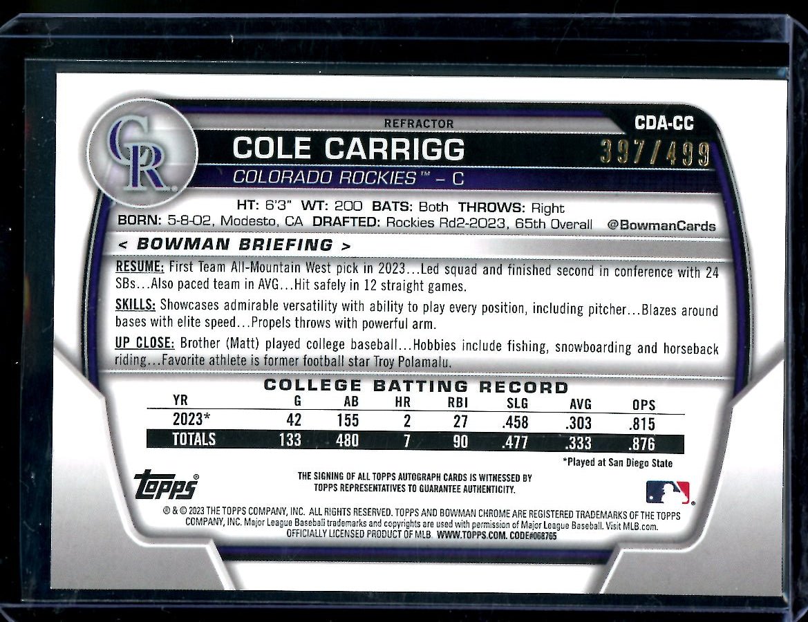 2023 Bowman Chrome Cole Carrigg 1st Bowman Refractor Auto /499 Rockies - Trading Card Market