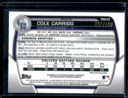 2023 Bowman Chrome Cole Carrigg 1st Bowman Refractor Auto /499 Rockies - Trading Card Market