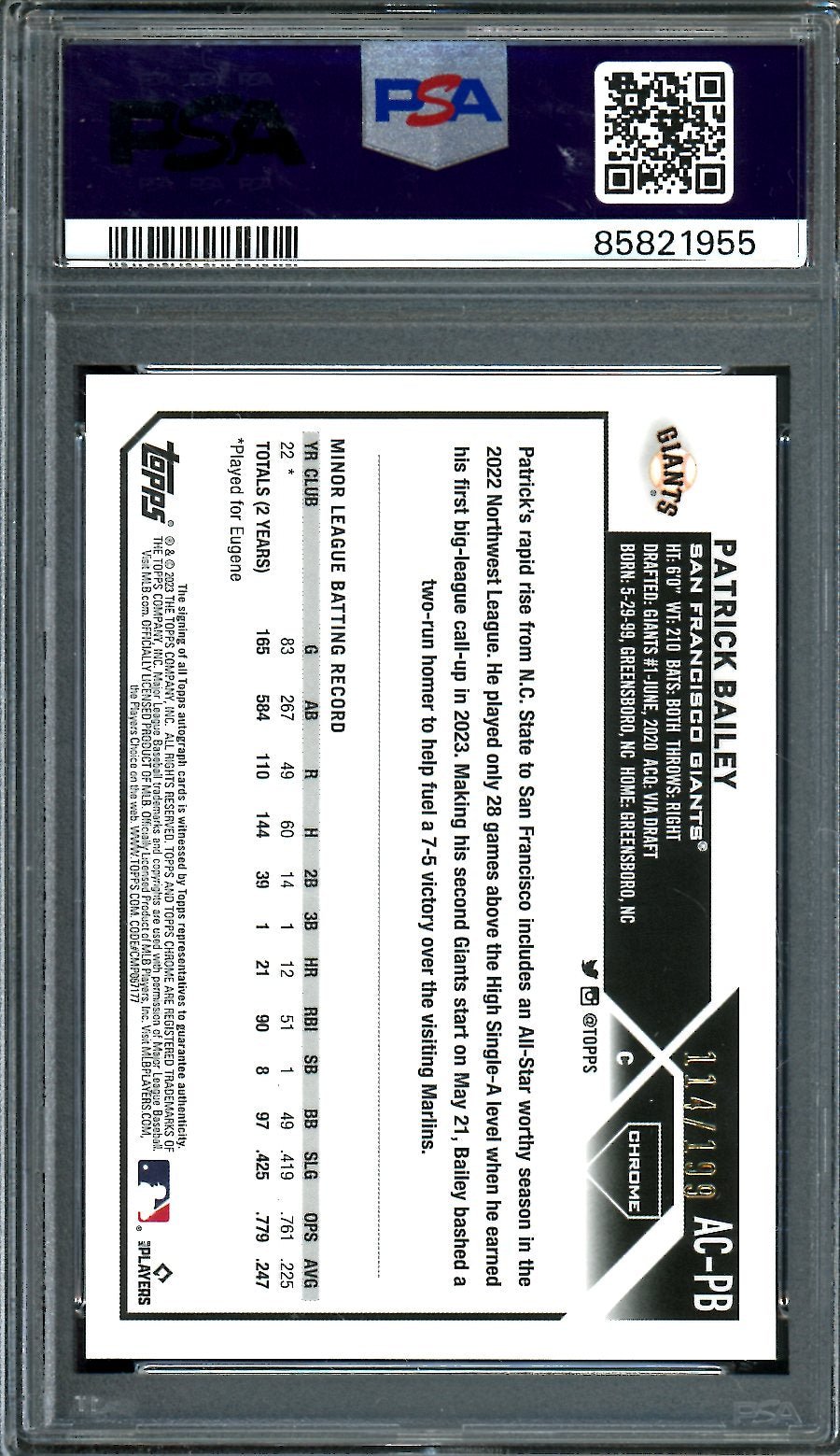 2023 Topps Chrome Patrick Bailey Rookie Auto Aqua Wave /199 PSA 10 Giants - Trading Card Market