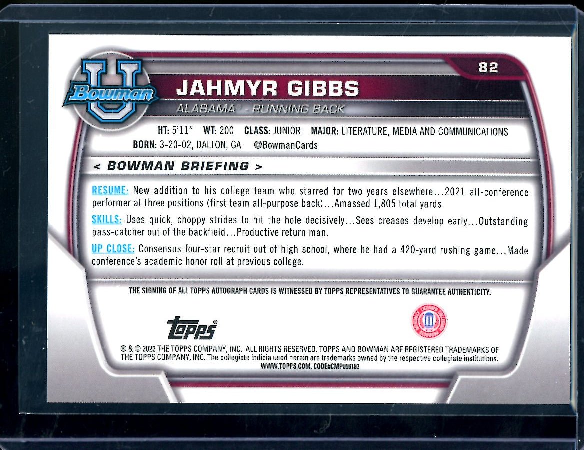 2022 Bowman Chrome University Jahmyr Gibbs 1st Bowman Auto Alabama - Trading Card Market