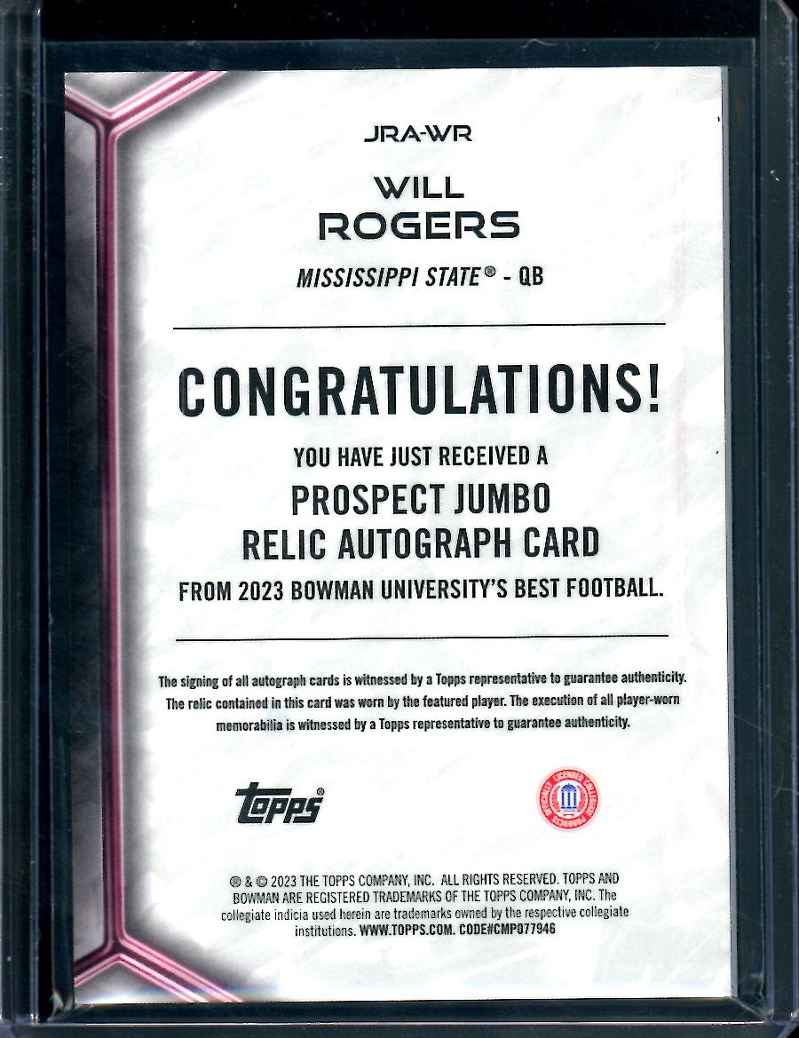 2023 Bowman's Best University Will Rogers Patch Auto /49 Mississippi State - Trading Card Market