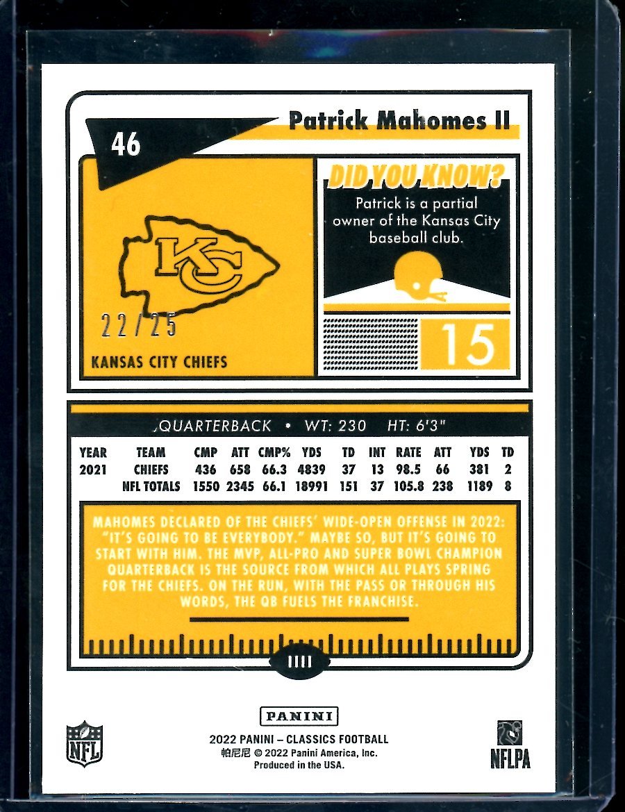 2022 Panini Classics Patrick Mahomes II Green Ice /25 Chiefs - Trading Card Market