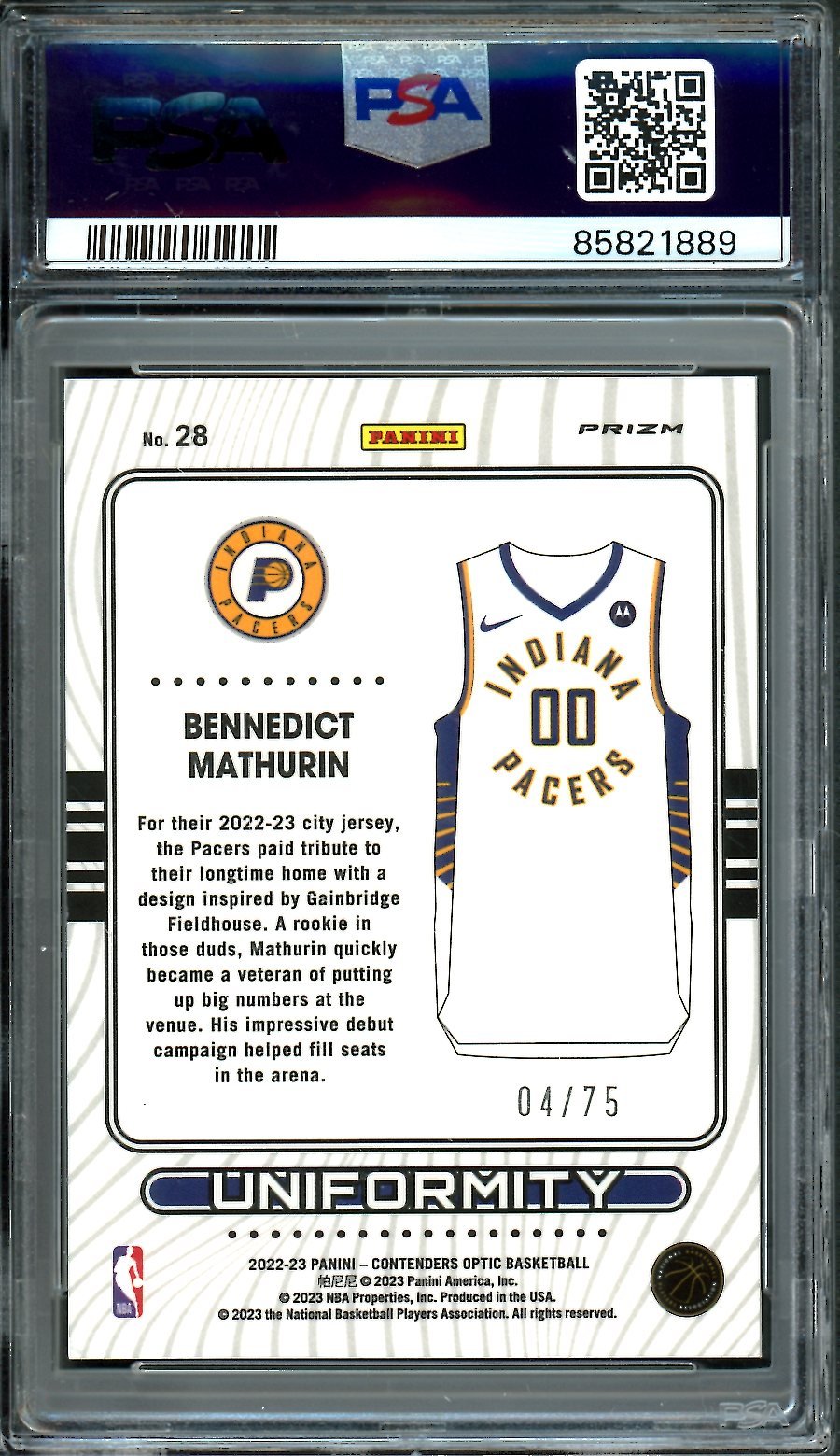 2022/23 Panini Contenders Optic Bennedict Mathurin Rookie Uniformity Blue Cracked Ice /75 PSA 8 - Trading Card Market