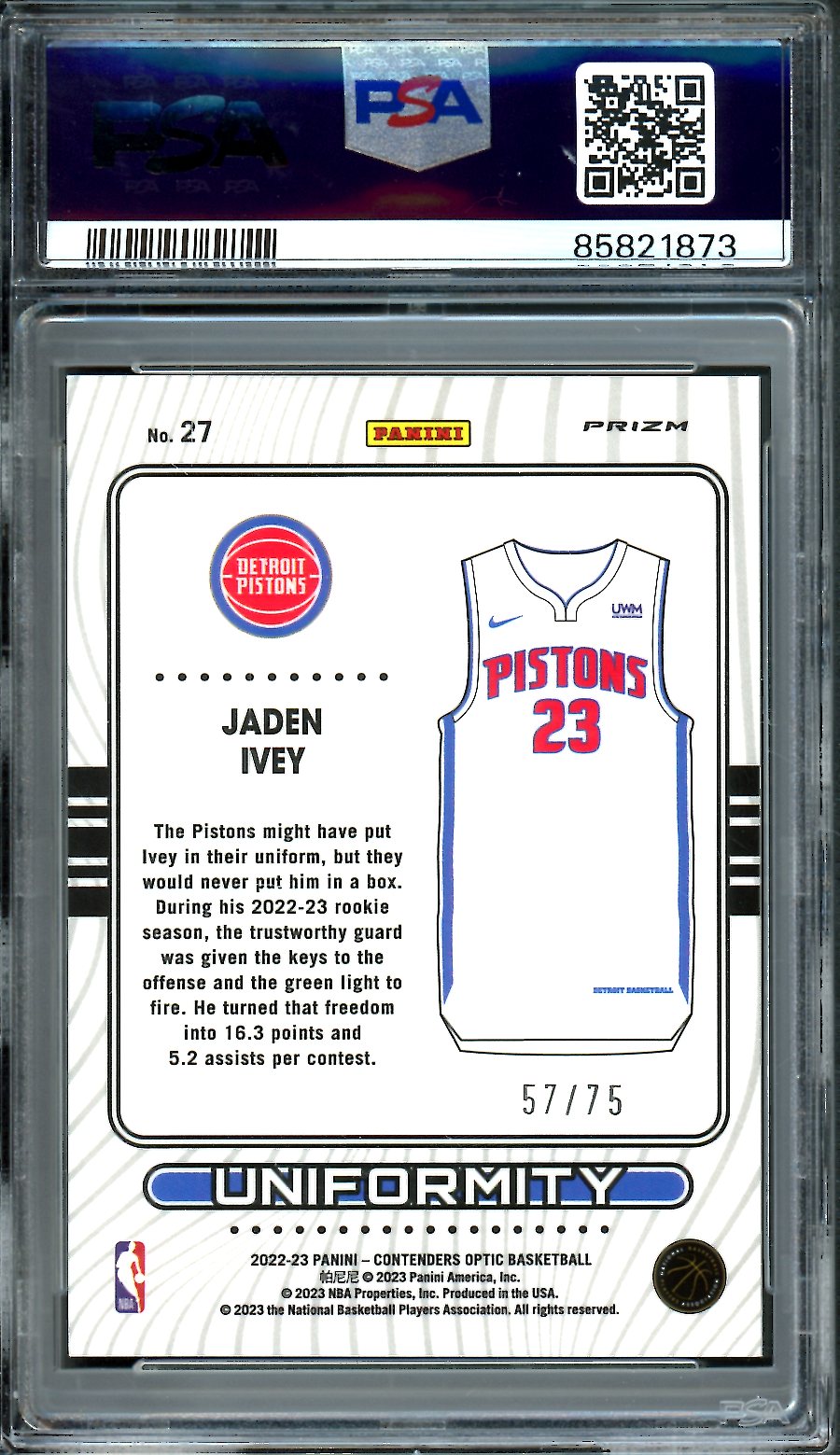 2022/23 Panini Contenders Optic Jaden Ivey Rookie Uniformity Blue Cracked Ice /75 PSA 8 Pistons