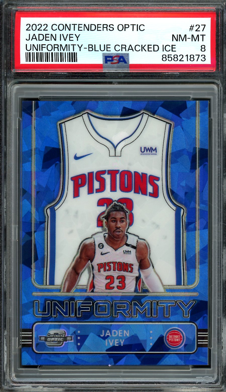 2022/23 Panini Contenders Optic Jaden Ivey Rookie Uniformity Blue Cracked Ice /75 PSA 8 Pistons