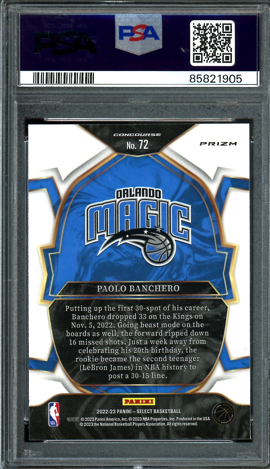 2022/23 Panini Select Paolo Banchero Rookie Concourse Silver PSA 9 Magic - Trading Card Market