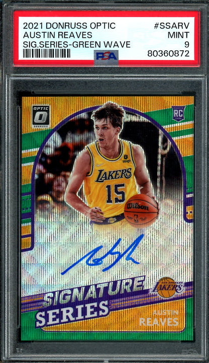 2021/22 Panini Optic Austin Reaves Rookie Auto Green Wave PSA 9 Lakers
