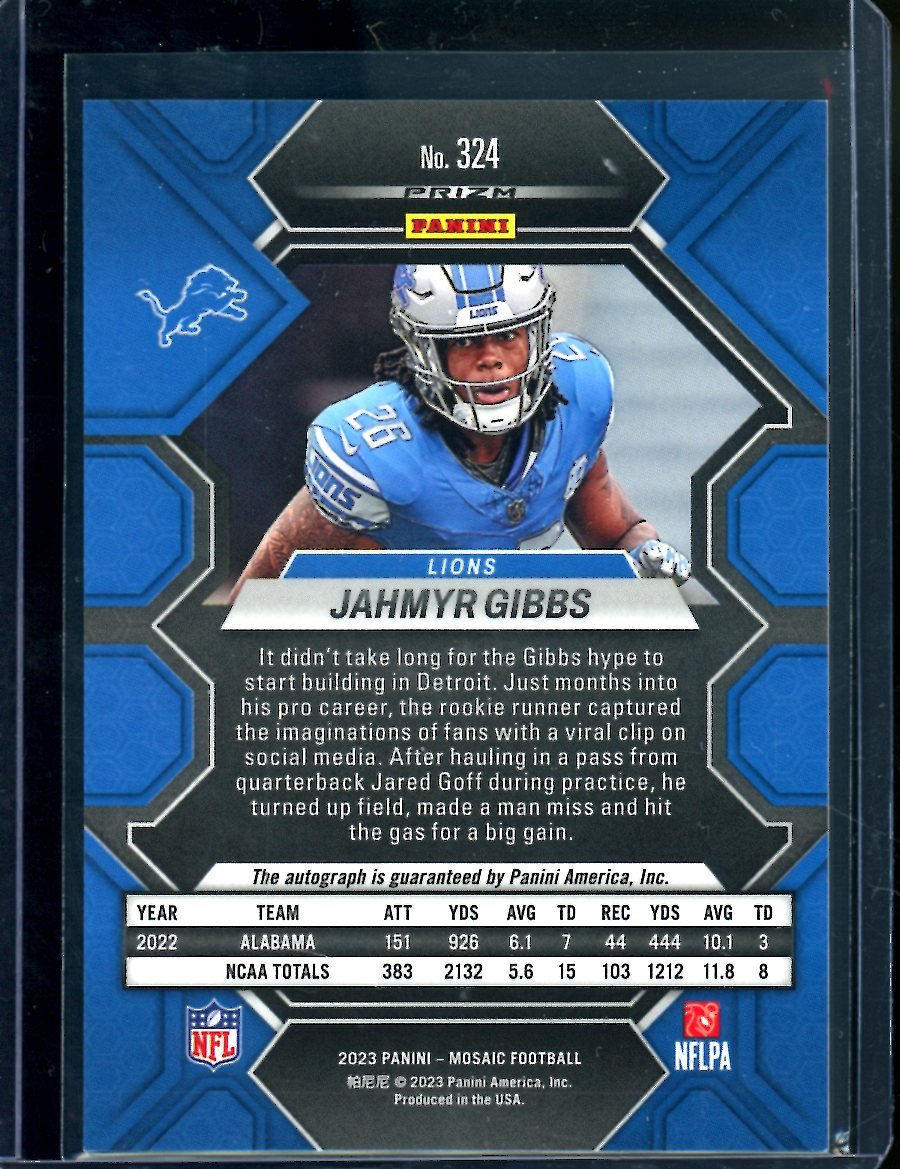 2023 Panini Mosaic Choice Jahmyr Gibbs Rookie Red & Yellow Auto Lions - Trading Card Market