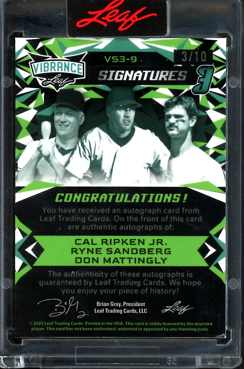 2023 Leaf Vibrance Cal Ripken Jr./Ryne Sandberg/Don Mattingly Triple Auto /10 - Trading Card Market