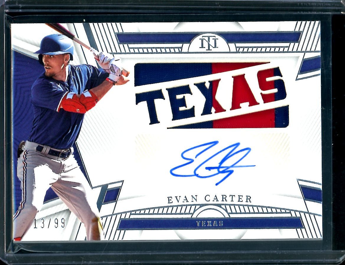 2023 Panini National Treasures Evan Carter Texas Patch Auto /99 Rangers - Trading Card Market