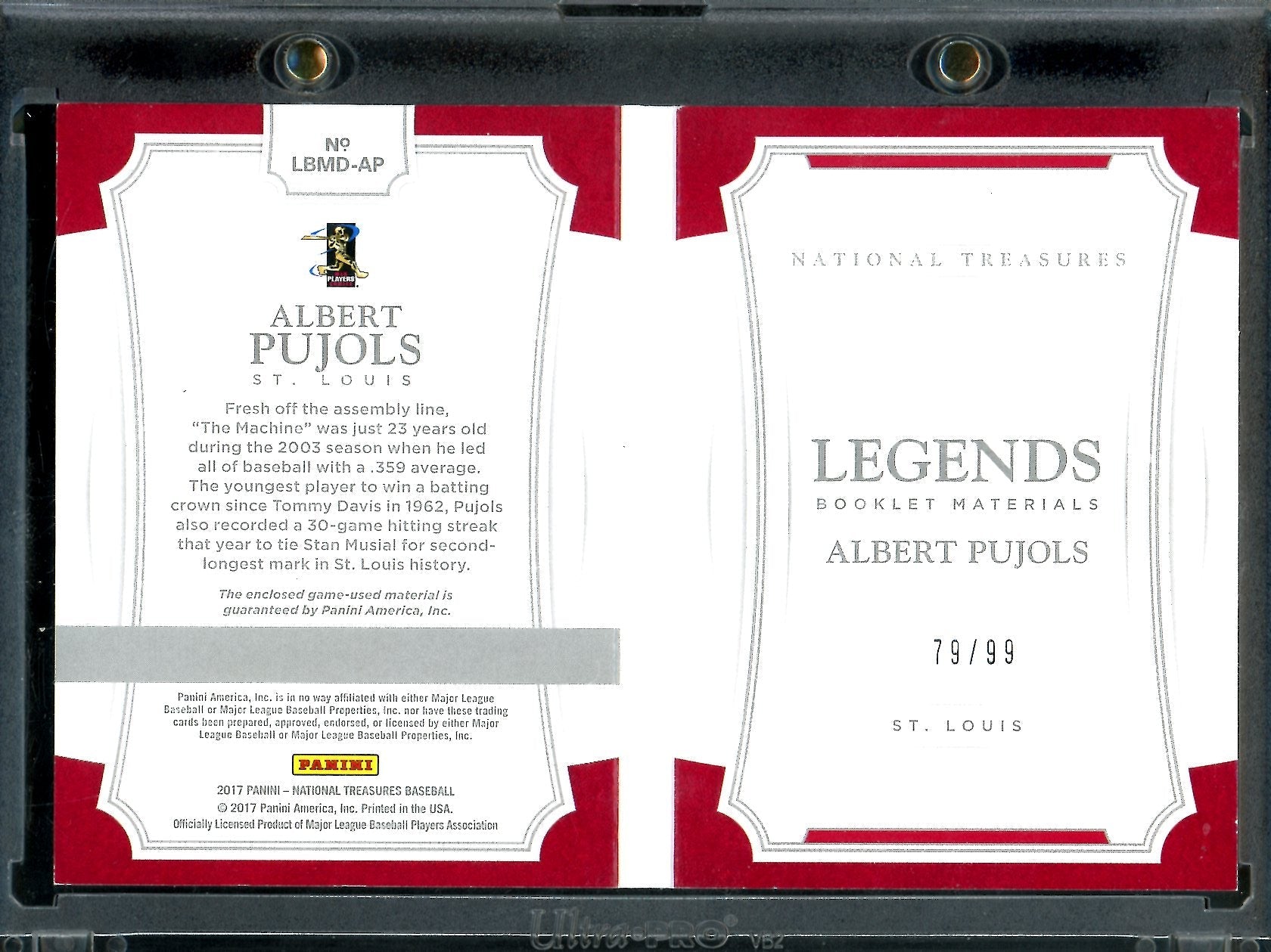 2017 Panini National Treasures Albert Pujols Legends Booklet Patch /99 Cardinals - Trading Card Market