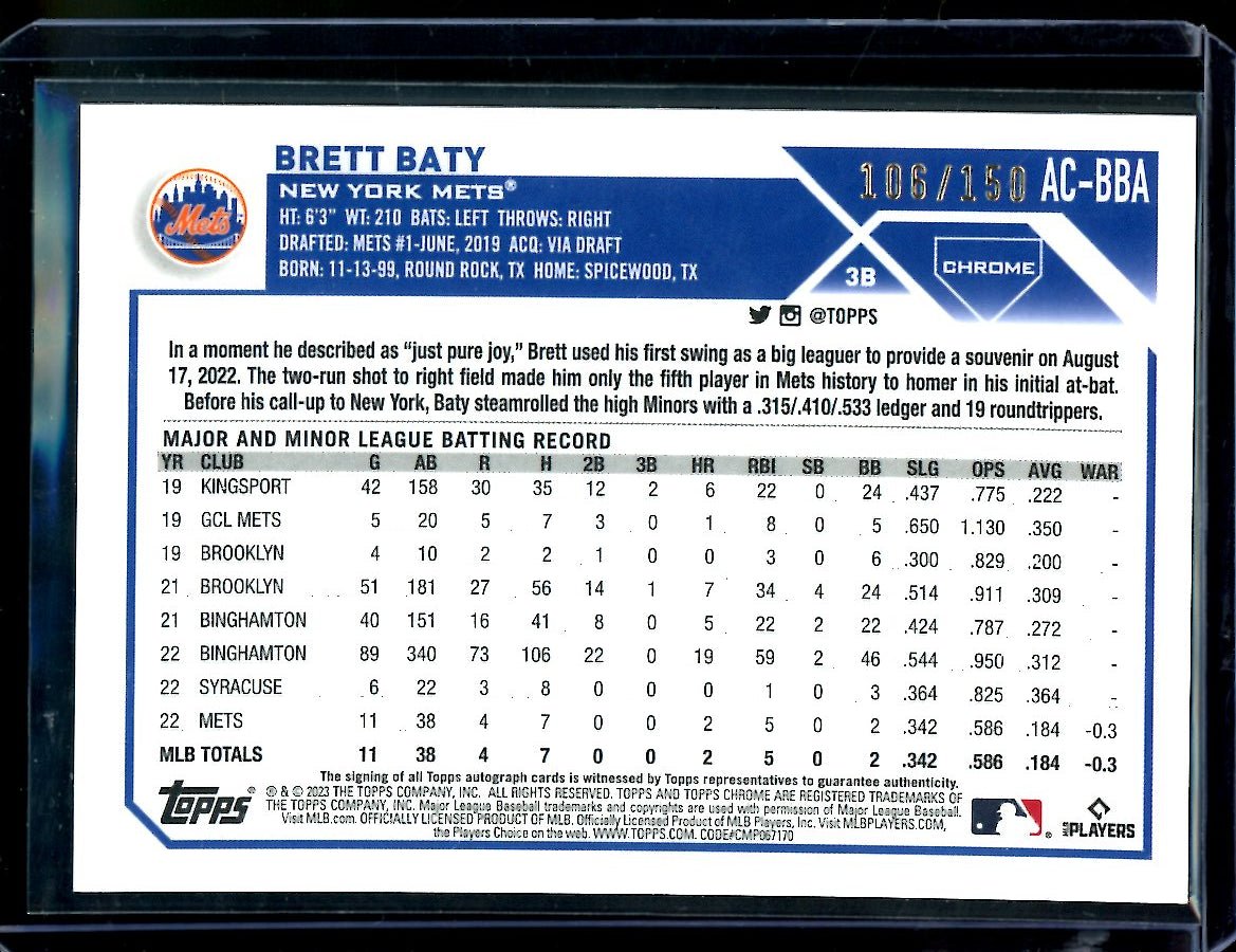 2023 Topps Chrome Brett Baty Rookie Blue Wave Auto /150 Mets - Trading Card Market