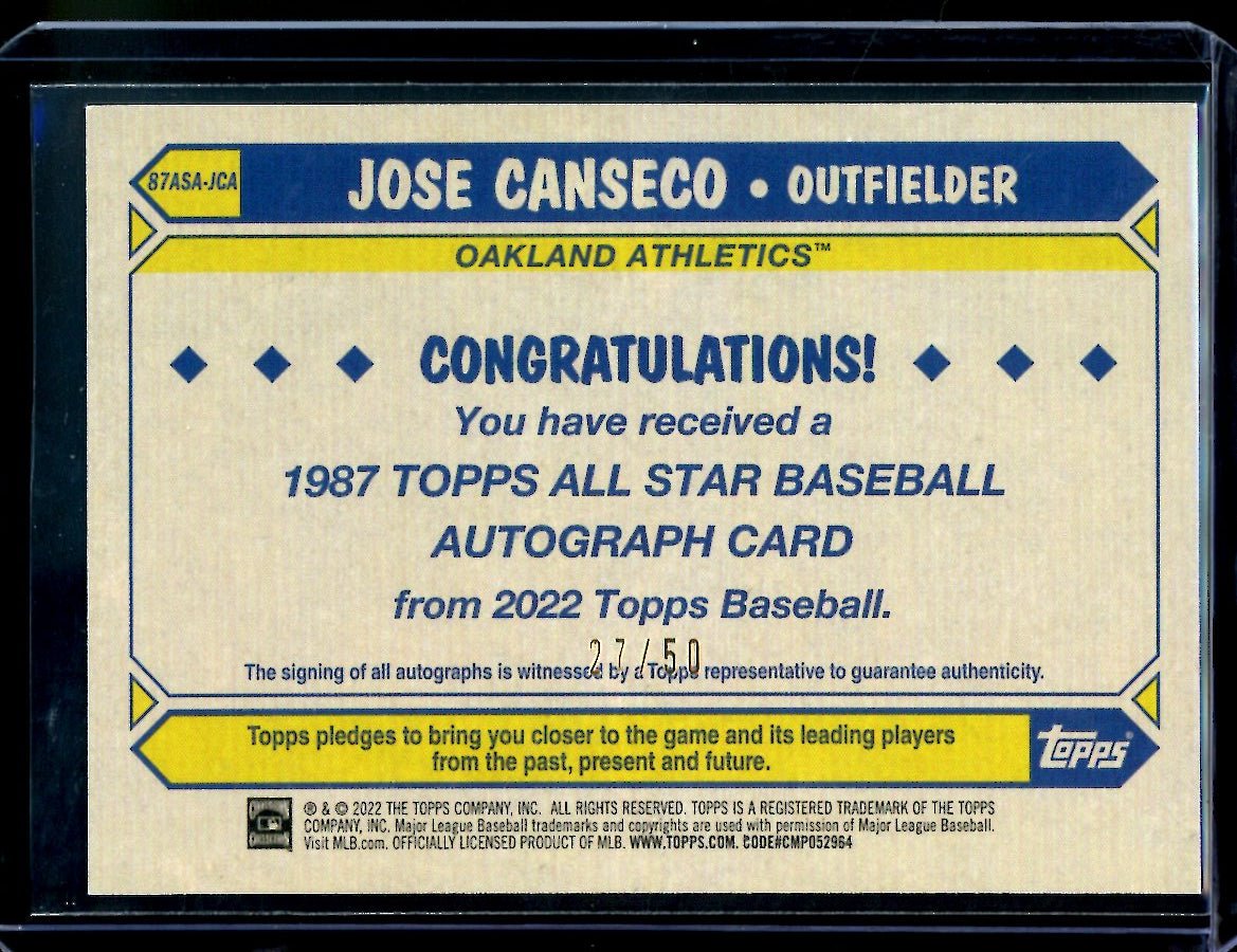 2022 Topps Jose Canseco 1987 Auto /50 Athletics - Trading Card Market