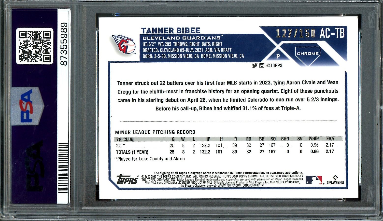 2023 Topps Chrome Tanner Bibee Rookie Auto Blue /150 PSA 10 Guardians - Trading Card Market
