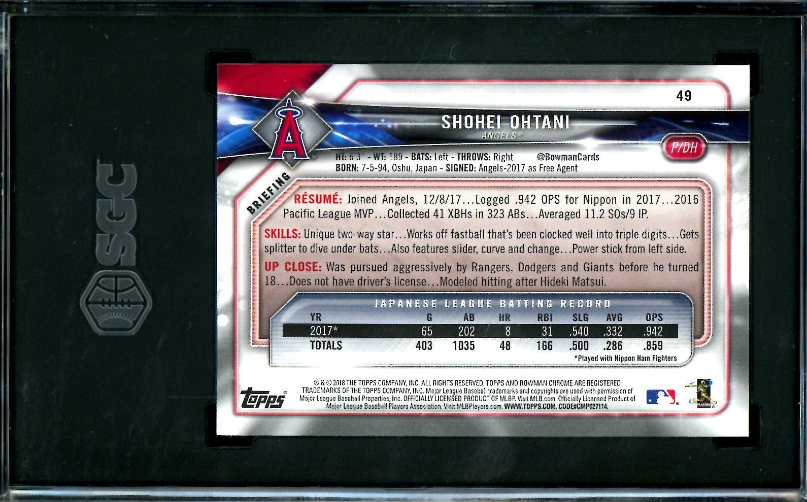 2018 Bowman Shohei Ohtani Rookie SGC 9.5 Angels - Trading Card Market