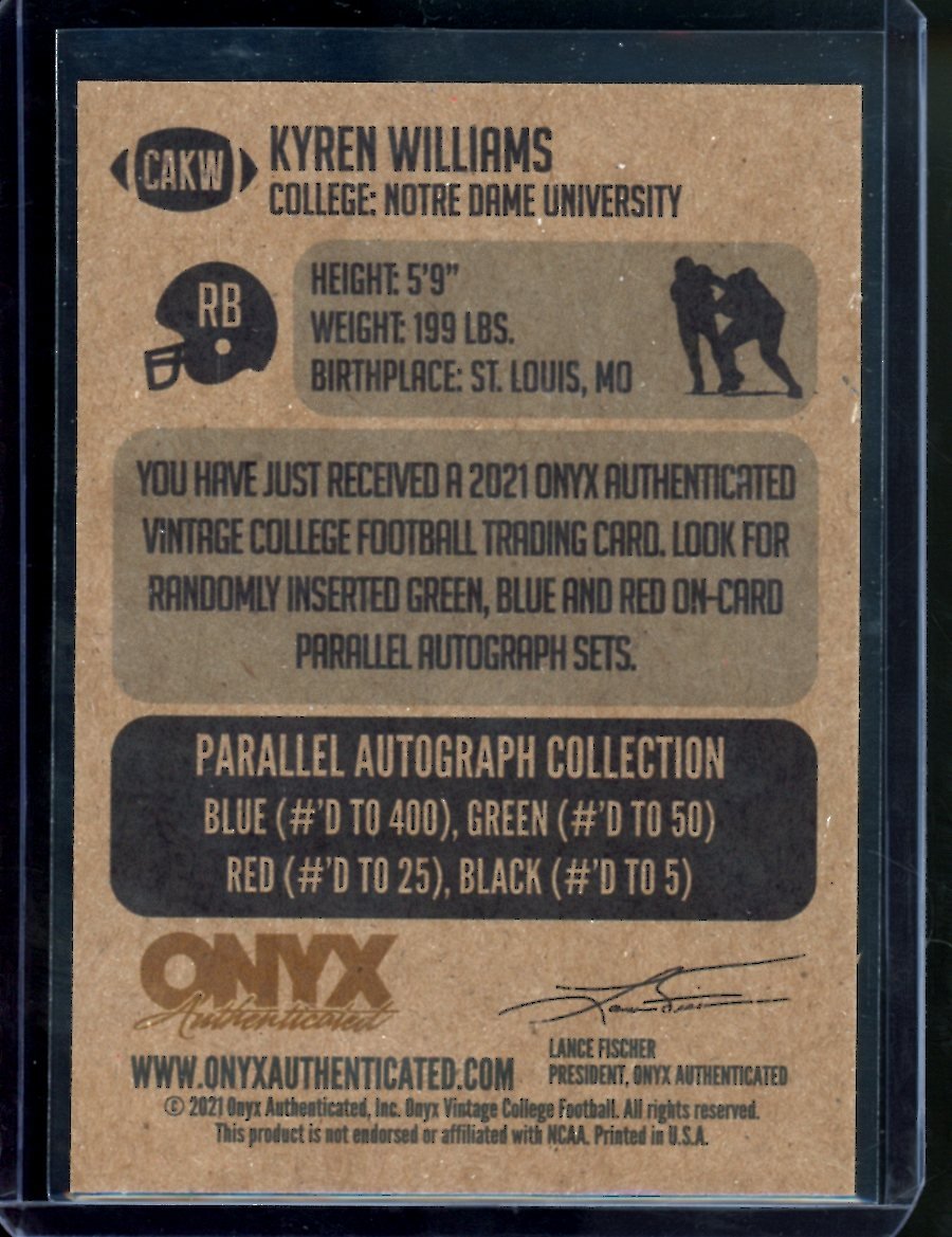 2021 Onyx Vintage Kyren Williams Blue Auto Notre Dame - Trading Card Market