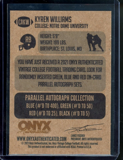 2021 Onyx Vintage Kyren Williams Blue Auto Notre Dame - Trading Card Market