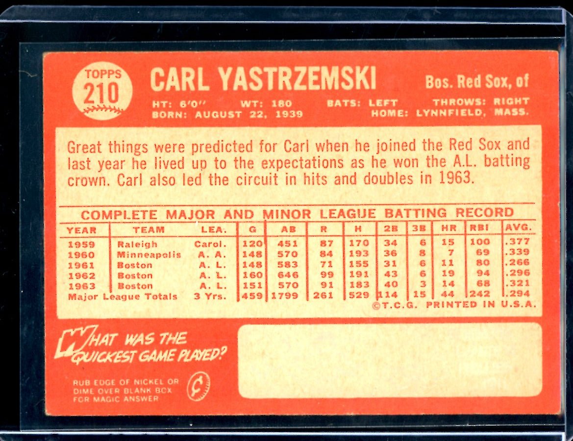 1964 Topps Carl Yastrzemski 210 Red Sox - Trading Card Market