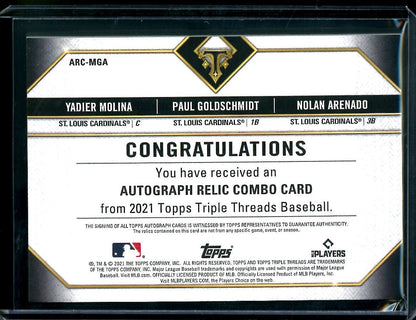 2021 Topps Triple Threads Yadier Molina/Paul Goldschmidt/Nolan Arenado Triple Patch Auto /18 Cardinals - Trading Card Market