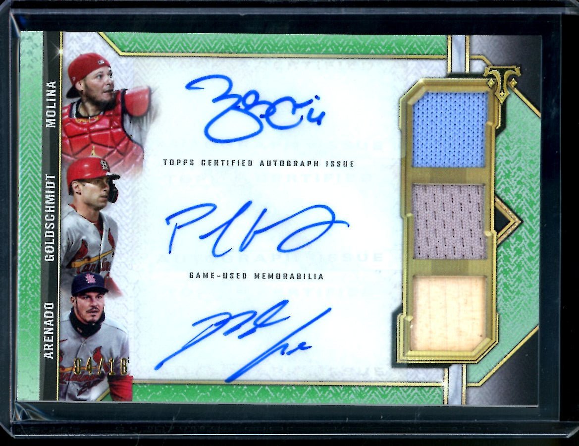 2021 Topps Triple Threads Yadier Molina/Paul Goldschmidt/Nolan Arenado Triple Patch Auto /18 Cardinals - Trading Card Market