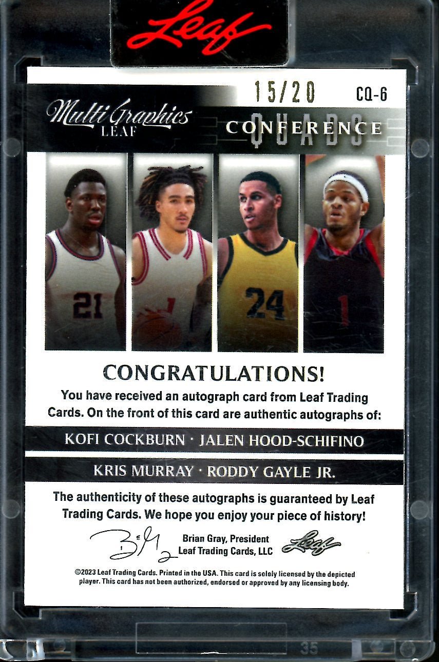 2023 Leaf MultiGraphics Kofi Cockburn/Jalen Hood - Schifino/Kris Murray/Roddy Gayle Jr. Quad Auto Purple /20 - Trading Card Market