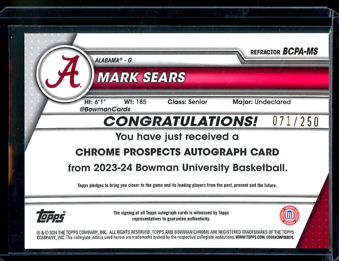 2024 Topps Bowman University Chrome Mark Sears 1st Bowman Auto Refractor /250 Alabama