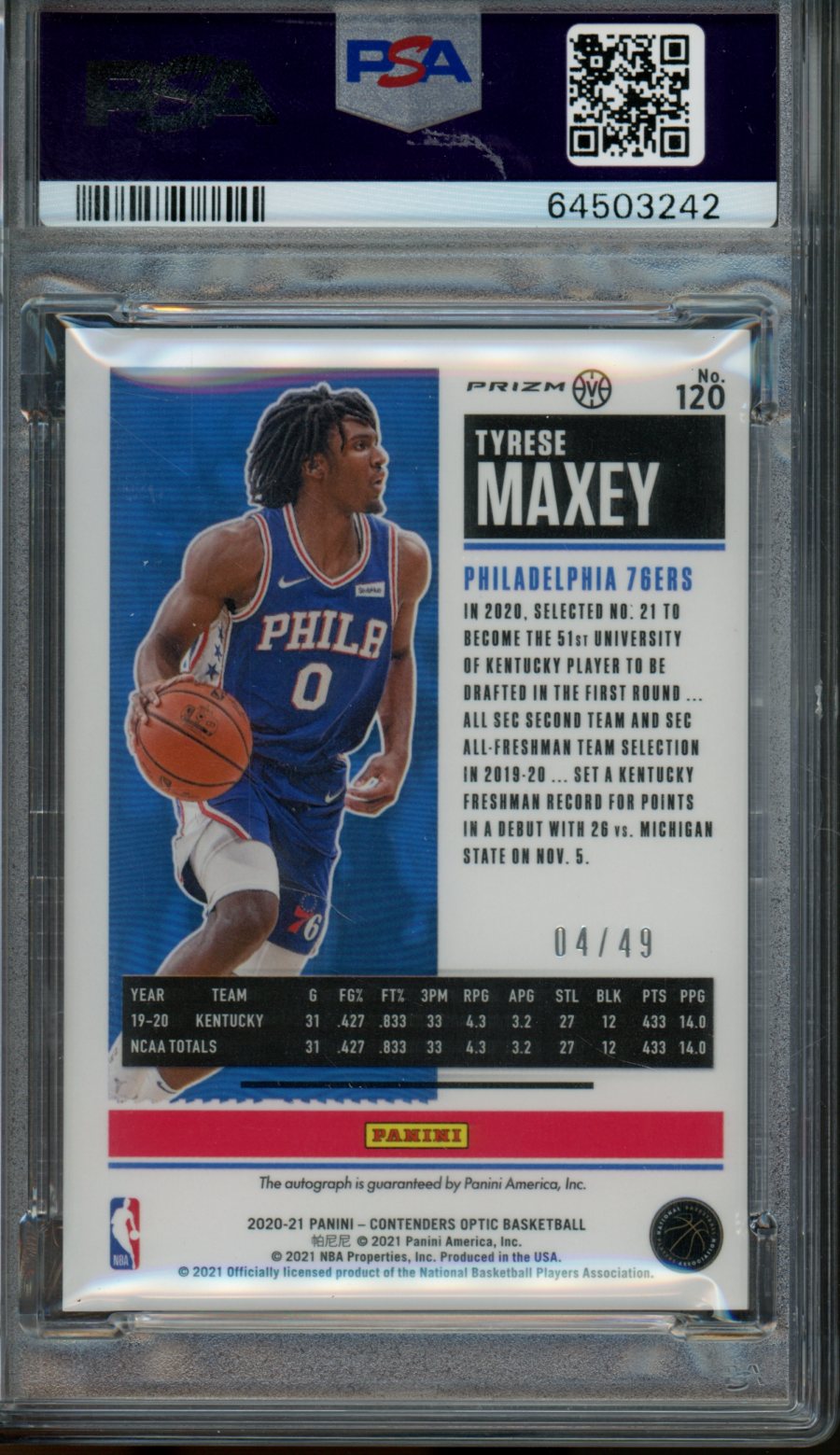 2020/21 Panini Contenders Optic Tyrese Maxey Rookie Ticket Blue Variation  Auto /49 PSA 10 76ers