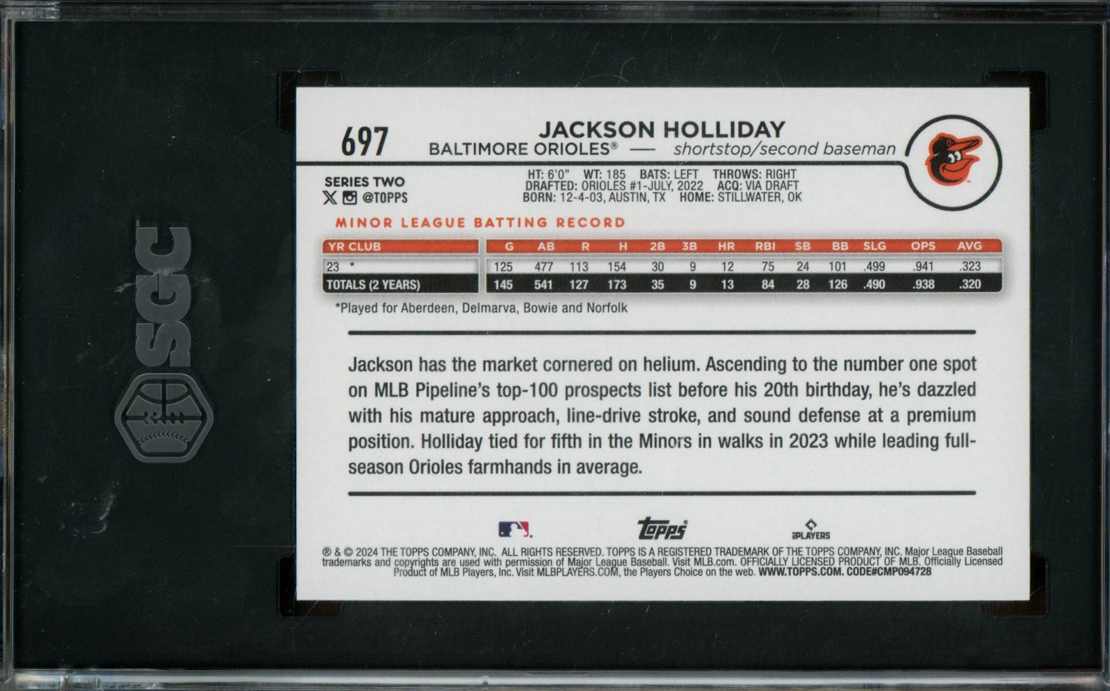 2024 Topps Series 2 Jackson Holliday Black Box SP Rookie SGC 10 