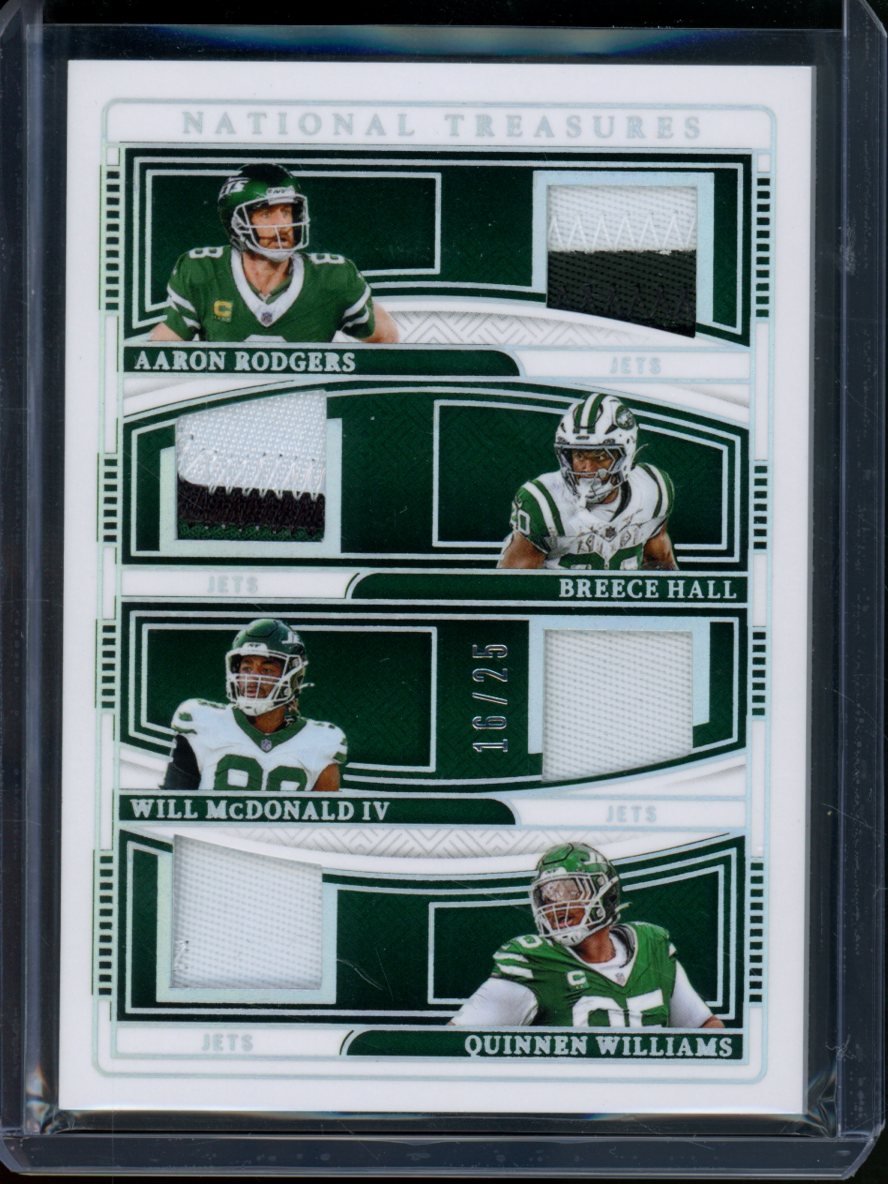 2024 Panini National Treasures Aaron Rodgers/Breece Hall/Will McDonald IV/Quinnen Williams Quad Patch /25 Jets - Trading Card Market