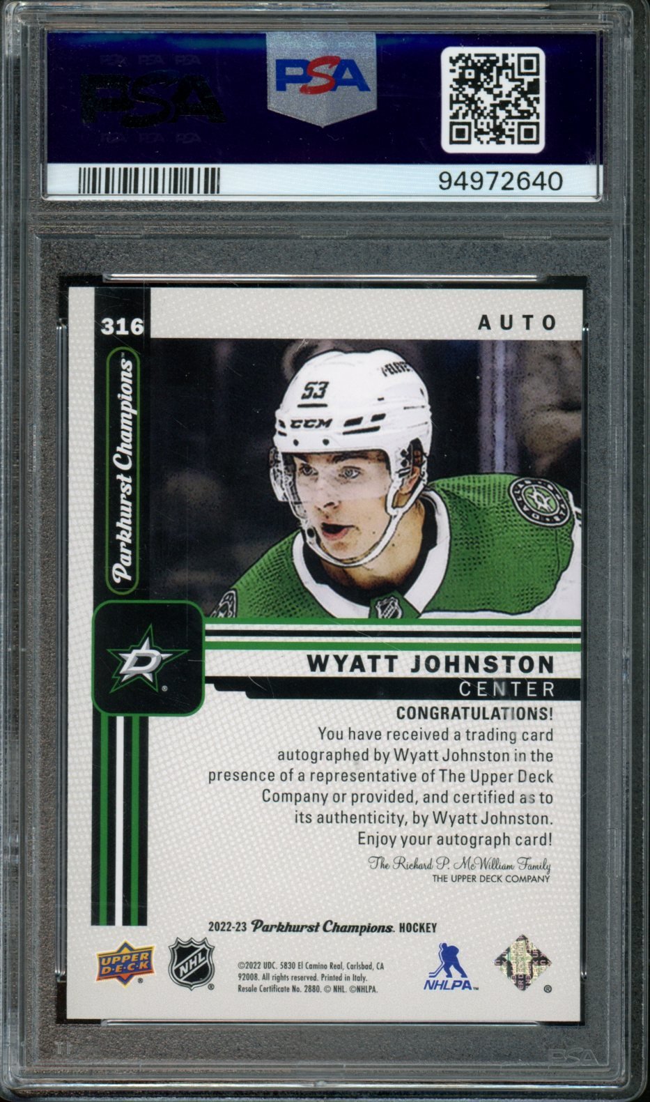 2022 Upper Deck Parkhurst Champions Wyatt Johnston Rookie Auto PSA 9 Stars - Trading Card Market