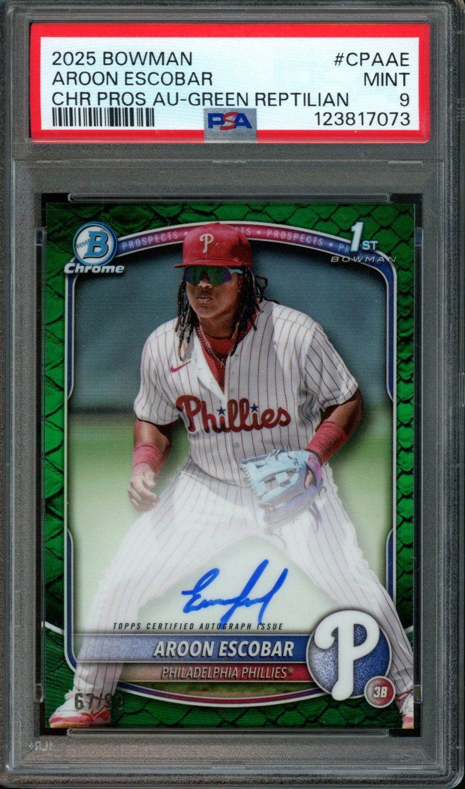 2025 Bowman Chrome Aroon Escobar 1st Auto Green Reptilian /99 PSA 9 Phillies - Trading Card Market