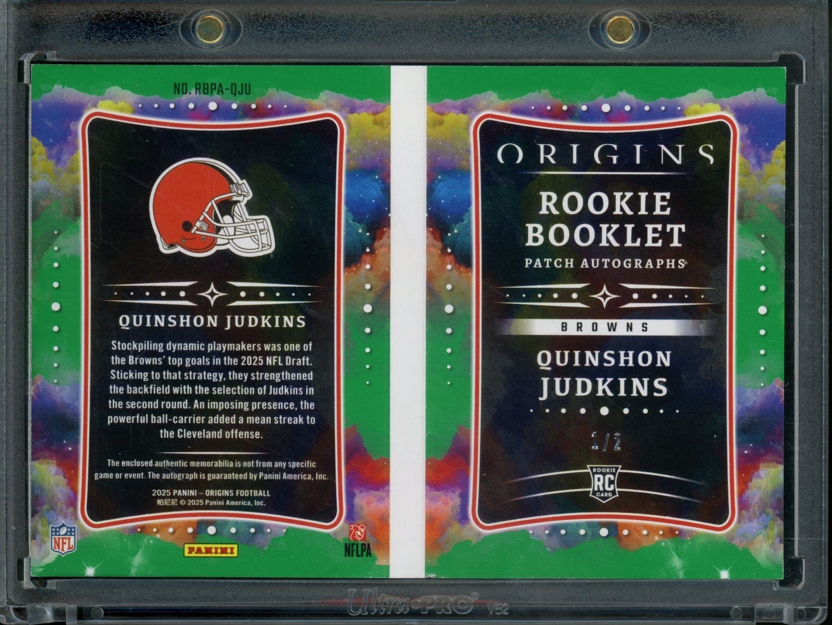 2025 Panini Origins Quinshon Judkins Booklet Rookie Glove Patch Auto /2 Browns - Trading Card Market