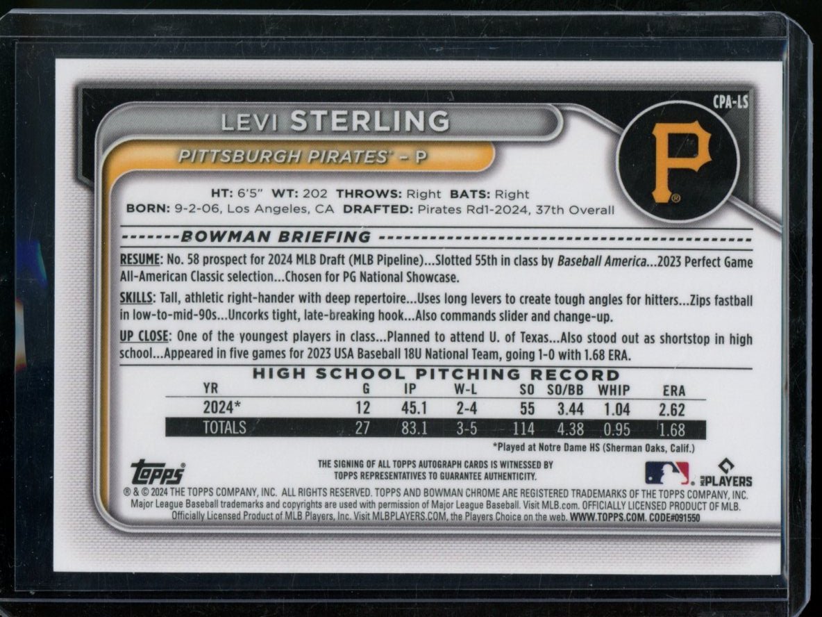 2024 Bowman Chrome Levi Sterling 1st Auto Blue /150 Pirates - Trading Card Market
