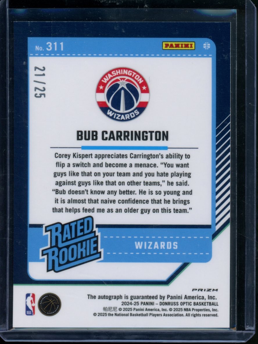2024 Panini Donruss Optic Bub Carrington Rated Rookie Auto Black Pandora /25 Wizards - Trading Card Market